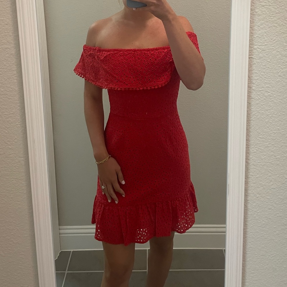 Red off the shoulder mini dress